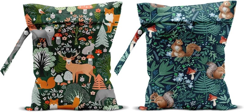 CQM 2Pcs Forest Animal Wet Bags 12x10 Inch, Cottage Core Botanical Waterproof Travel Laundry Bags, Squirrel Fox Wolf Reusable Wet Dry Bag for Swimsuit Pool Beach Diapers Dirty Yoga Gym Clothes - Image 1